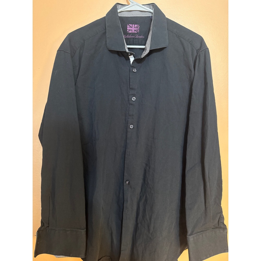 Michelsons London Mens XL Black Ribbed Cotton Button Down Shirt Houndstooth Trim